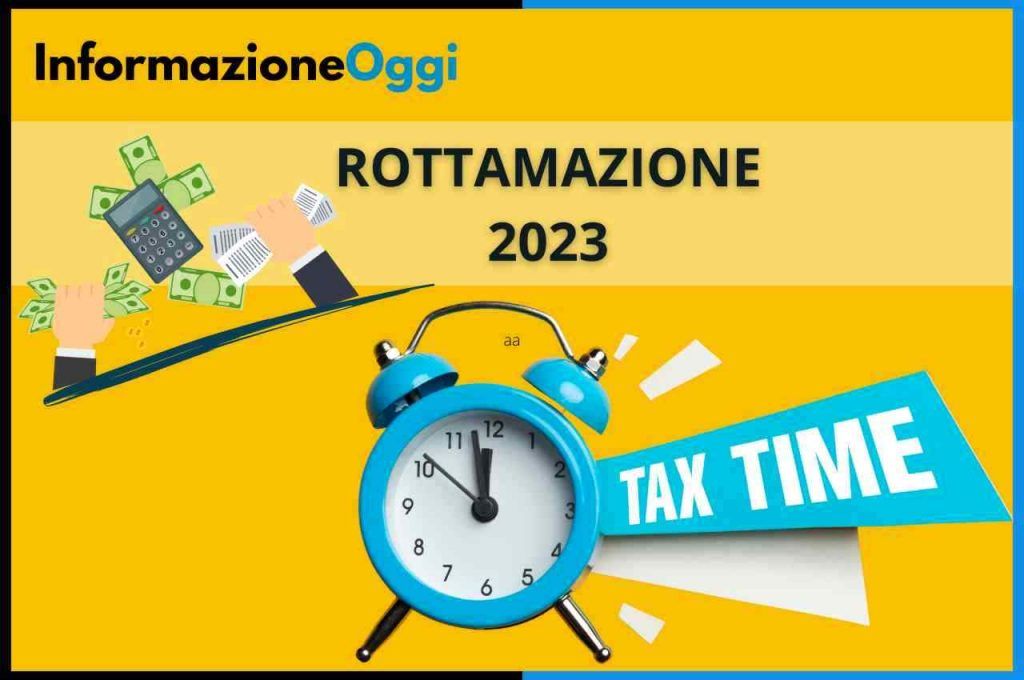 Illustrazione contenente una sveglia dalla quale esce la scritta TAX TIME con sopra la scritta Rottamazione 2023